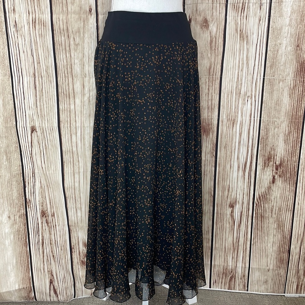 Silk Club Collection Black Flowy Maxi Skirt w/Brown Polka Dot Pattern Size Small